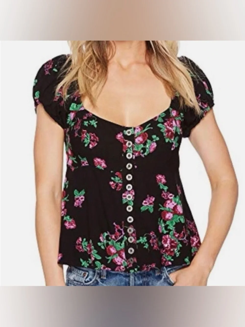 FREE PEOPLE Close to You Romantic Floral Print Blouse Buttons Puff Sleeve Sz S